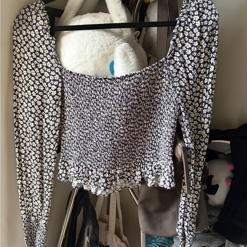 Reformation Navy and White Floral Blouse